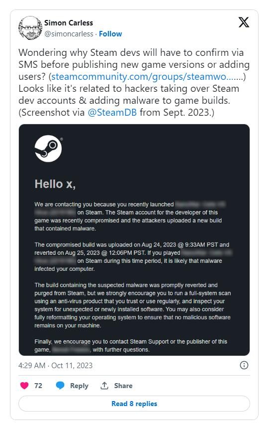 开发者现需通过短信验证身份才能更新Steam游戏