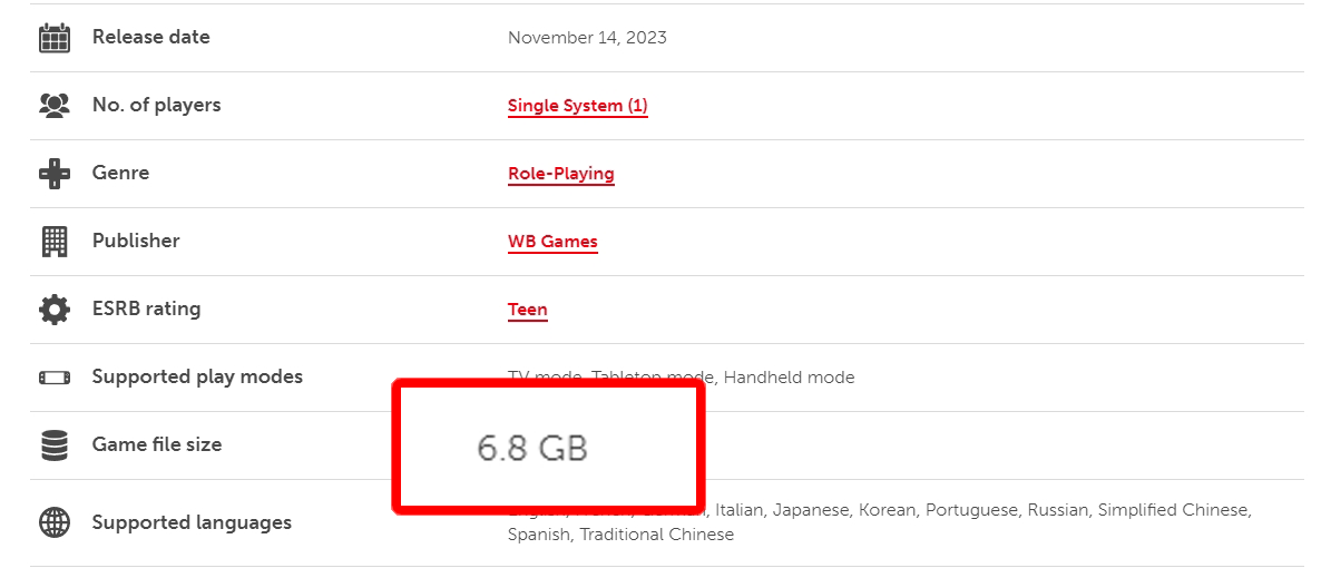 《霍格沃茨之遗》NS版截图 容量仅6.8GB引发玩家担忧