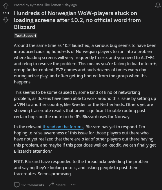 暴雪游戏出现神奇卡死BUG：仅针对挪威玩家
