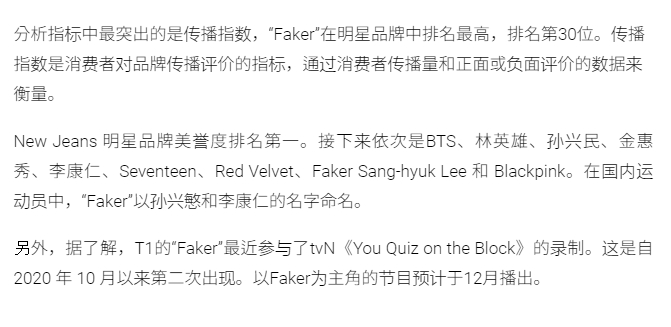 力压Black Pink！Faker成韩国11月明星声誉第九 孙兴慜第四